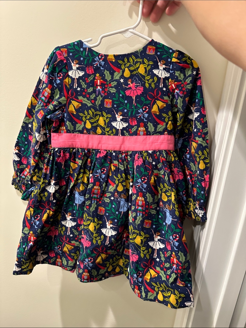 Mini Boden Navy Holiday Nutcracker & Ballerina Dress with Pink Waistband